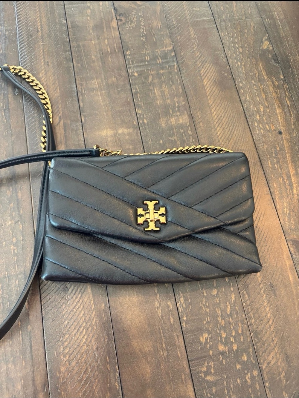 Tory Burch Black Quilted Leather Chevron Crossbody with Gold Hardware